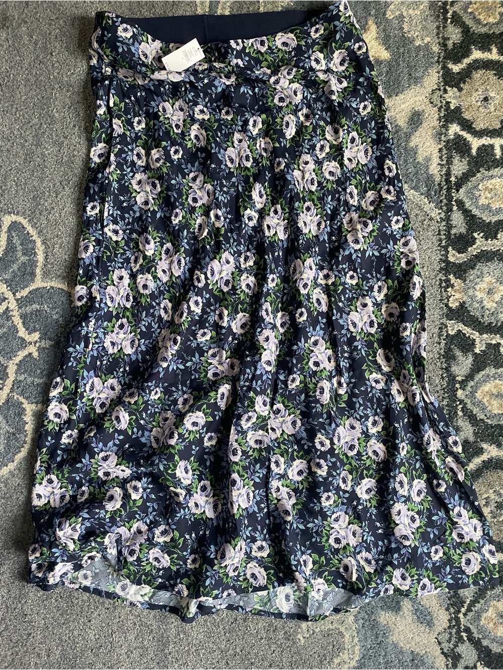 Floral Midi Skirt in Navy with Lavender Blooms